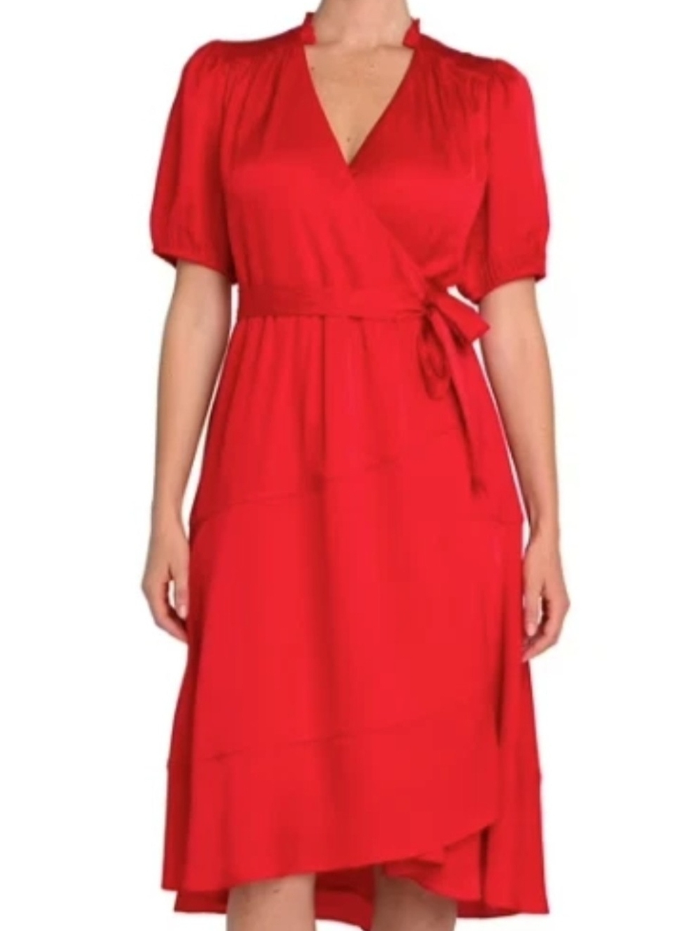 Draper James Wrap Dress Womens XL Red Short Puff Sleeve Midi Belted V Neck